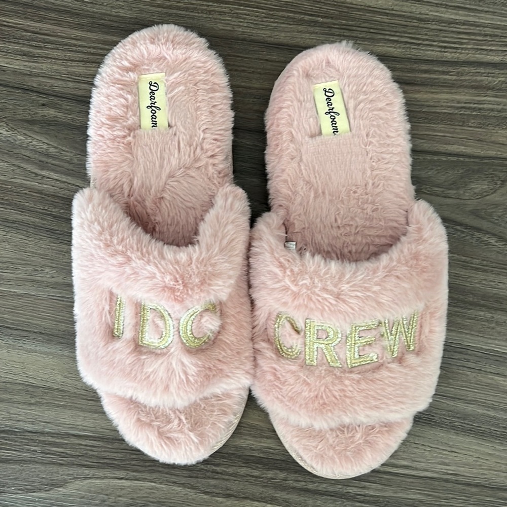 4/$25 SALE Pink and Gold Fuzzy Bachelorette I DO CREW Slip On Slippers